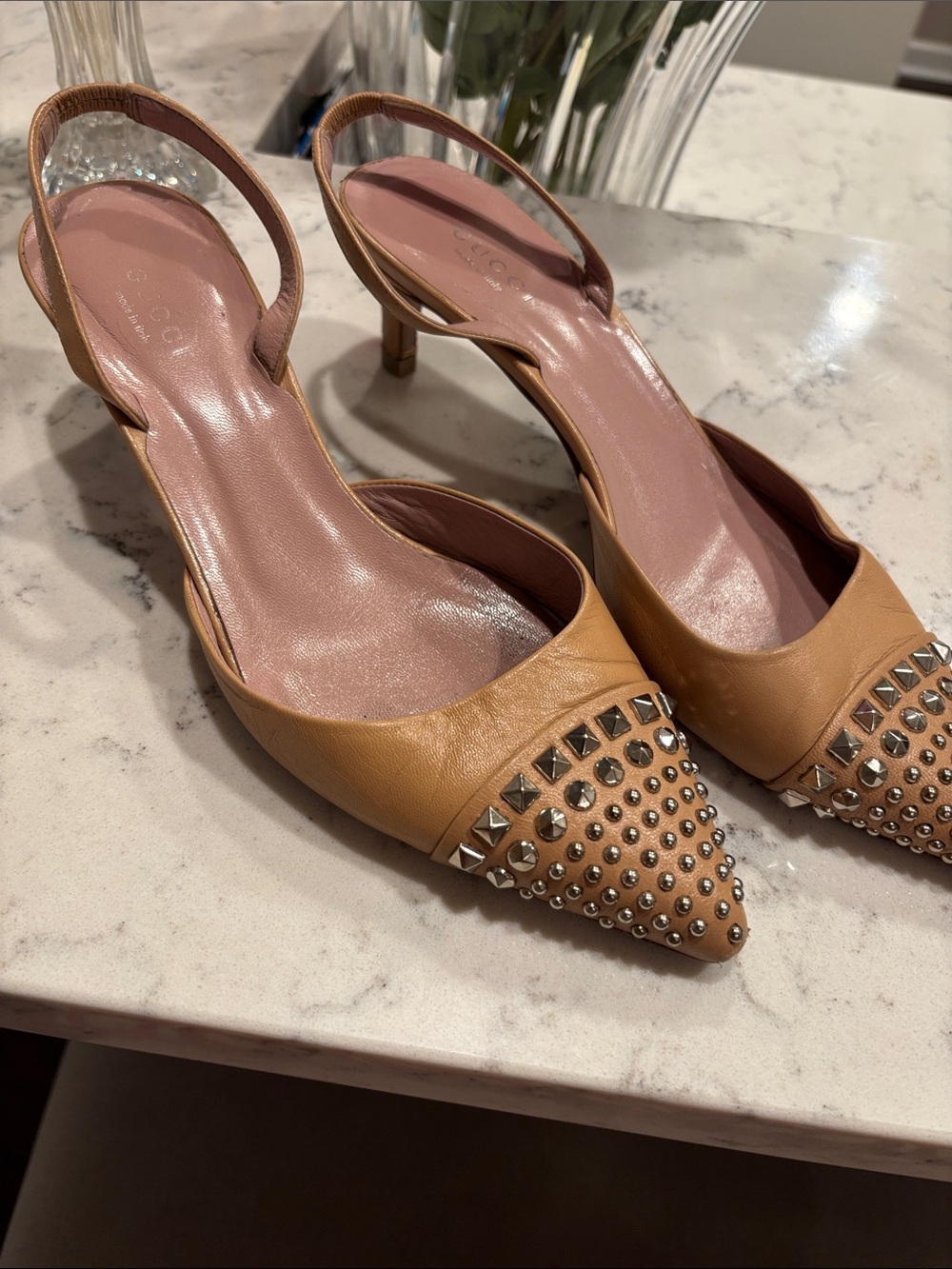 Gucci:: Studded Tan Slingback Pointed-Toe Heels